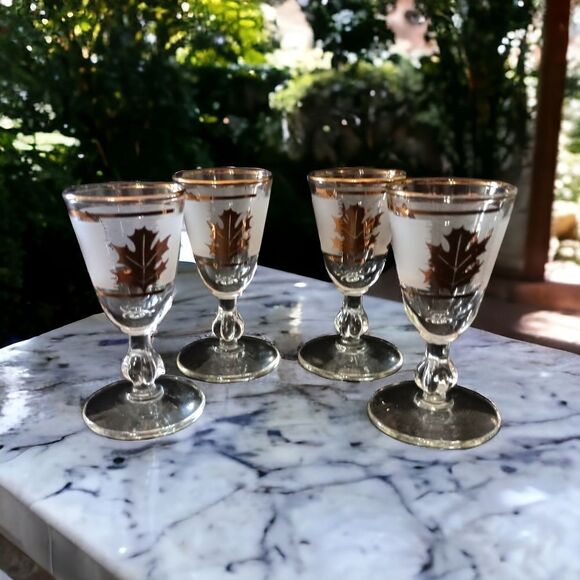 Libbey Golden Foliage Cordial Glasses Frosted Stemmed Gold Oak Leaf MCM Mad Men. - Picture 13 of 16